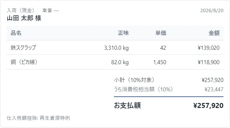 HakaLog の仕切書の版面。相手方の氏名、品名・正味重量・単価・金額、小計と消費税相当額、お支払額が並んでいる。